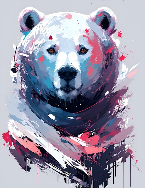 A painting of a bear with a blue face and red and purple spots.