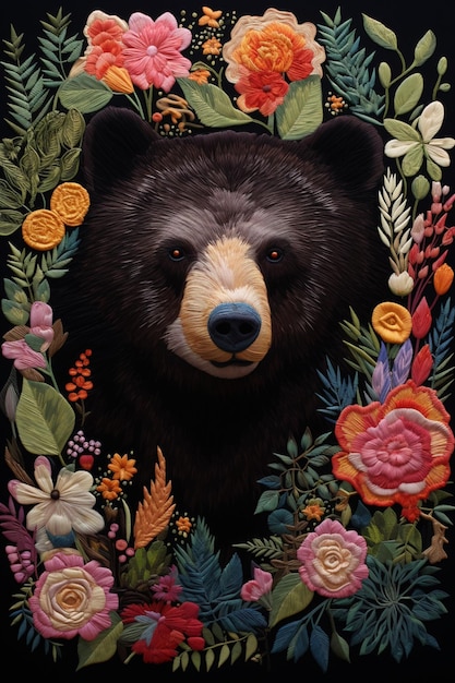 Painting of a bear with flowers and leaves in a circle generative ai