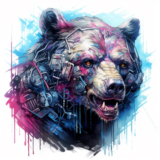 헤드폰과 기계 생성 AI를 사용하는 곰 그림