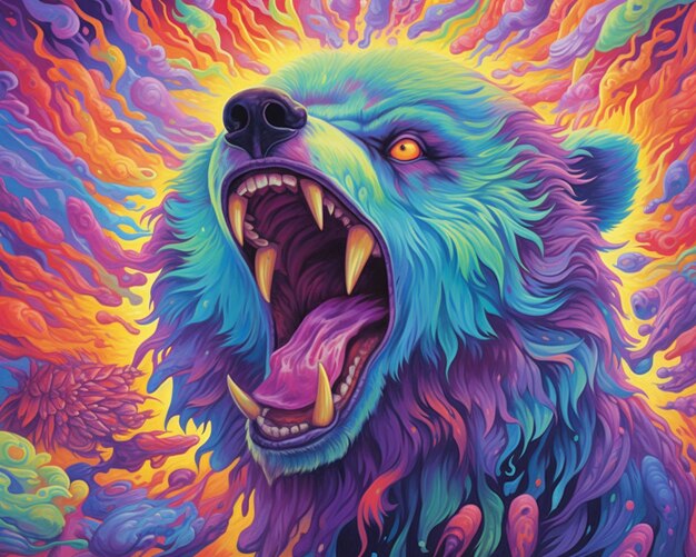 Painting of a bear with its mouth open and its mouth wide open generative ai