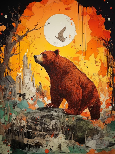 A painting of a bear with a moon on it