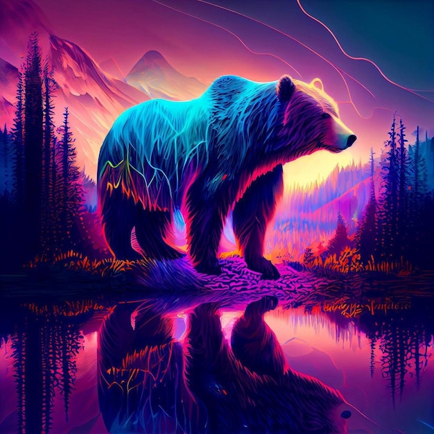 Картина медведя на фоне гор.