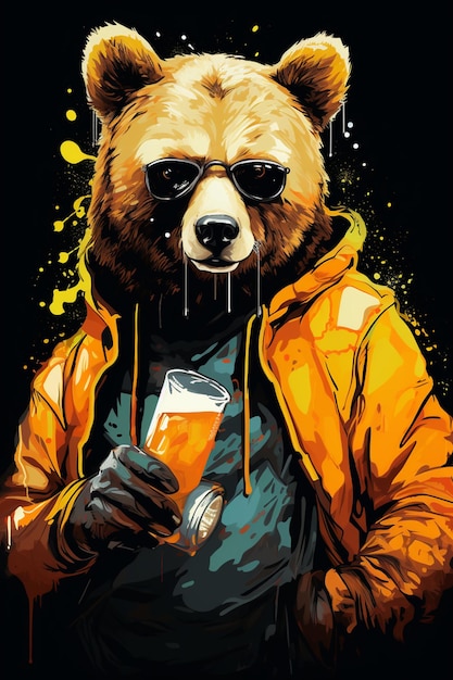 Картина медведя с солнцезащитными очками, держащего пиво.