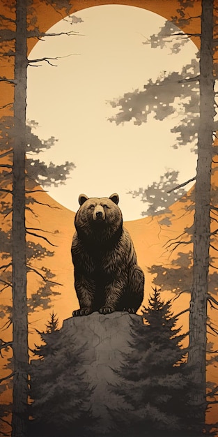 a painting of a bear in the woods with trees in the background