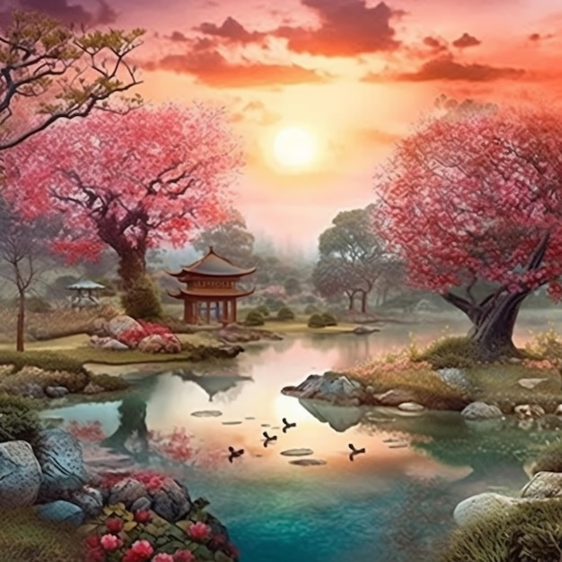 A painting of a beautiful asian landscape with a pond and pagoda generative ai