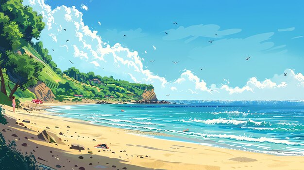 Photo a painting of a beautiful beach with a blue sky and palm trees
