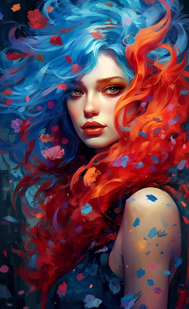 A painting of a beautiful girl with colorful hair