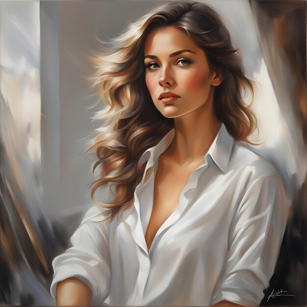 Photo painting of beautiful girl with a white shirt