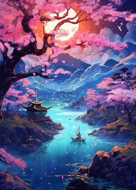 A painting of a beautiful landscape with a lake and a pagoda generative ai