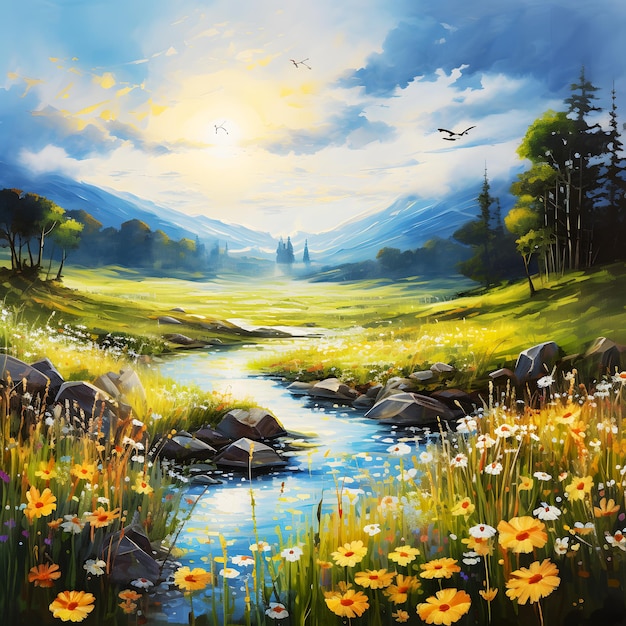 Painting of a beautiful landscape with a stream and flowers Generative AI