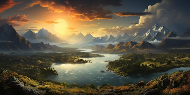 painting of a beautiful mountain landscape with a lake and a sunset generative ai