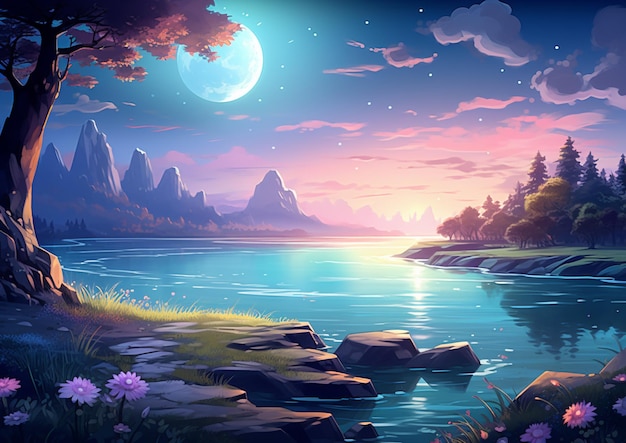 painting of a beautiful night scene with a lake and mountains generative ai