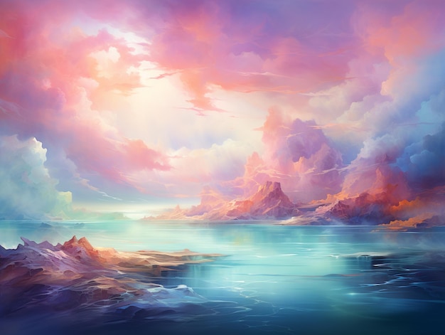 painting of a beautiful sunset over a body of water generative ai