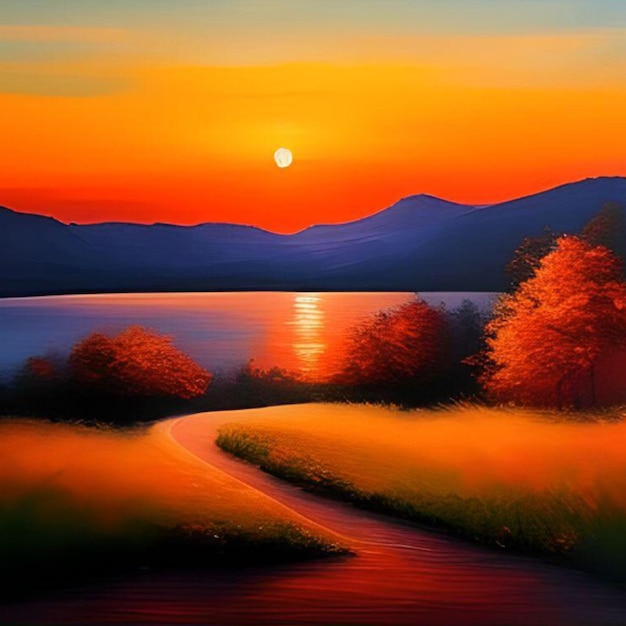 川沿いの美しい夕日を描いた絵
