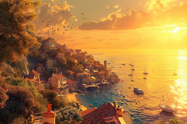 Картина прекрасного захода солнца над океаном очаровательный приморский город, купающийся в золотом летнем заходе солнца