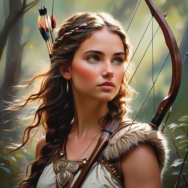 Painting of a beautiful young girl on the forest with a bow and arrow in the back