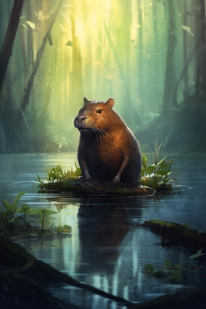 painting of a beaver sitting on a small island in a forest generative ai