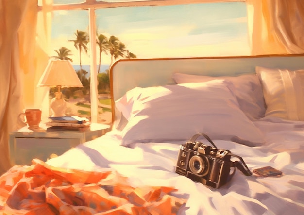Foto pittura di un letto con una telecamera e una lampada su di esso generativo ai