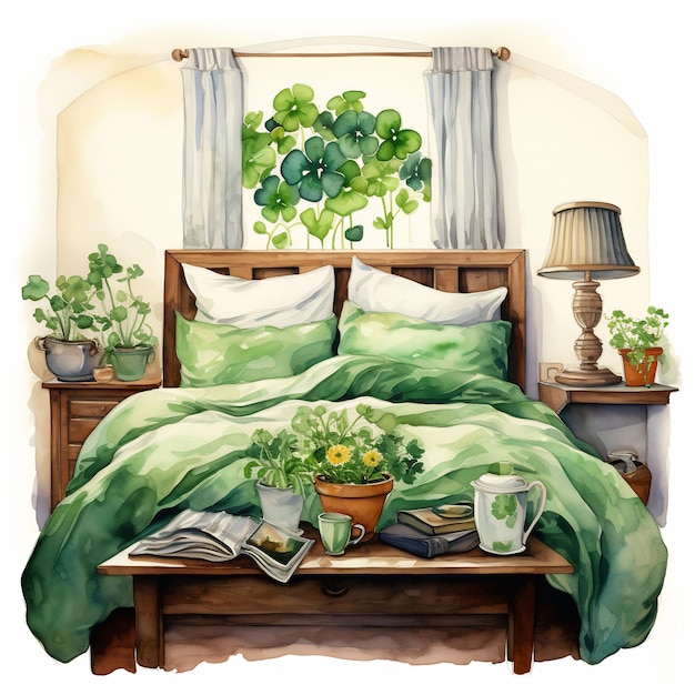 a painting of a bed with a green blanket and a book with a plant on it.