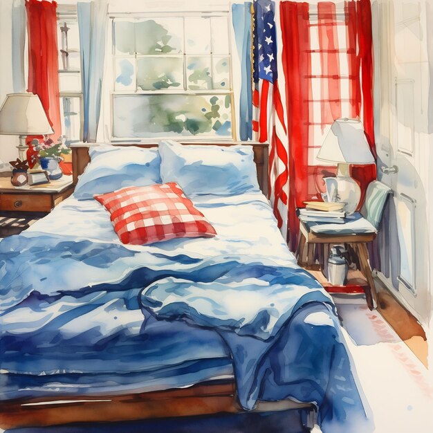 a painting of a bed with a red pillow on it