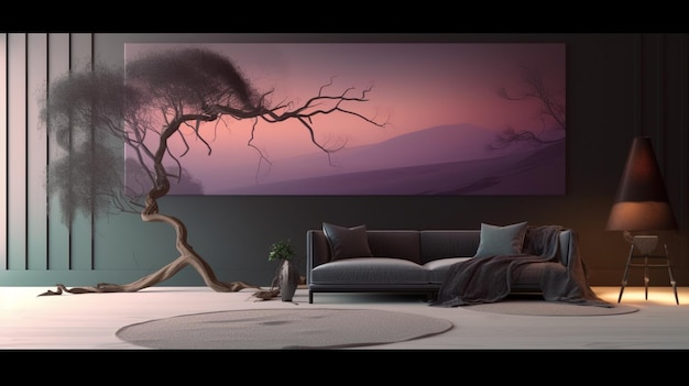 A painting of a bed with a tree in the background