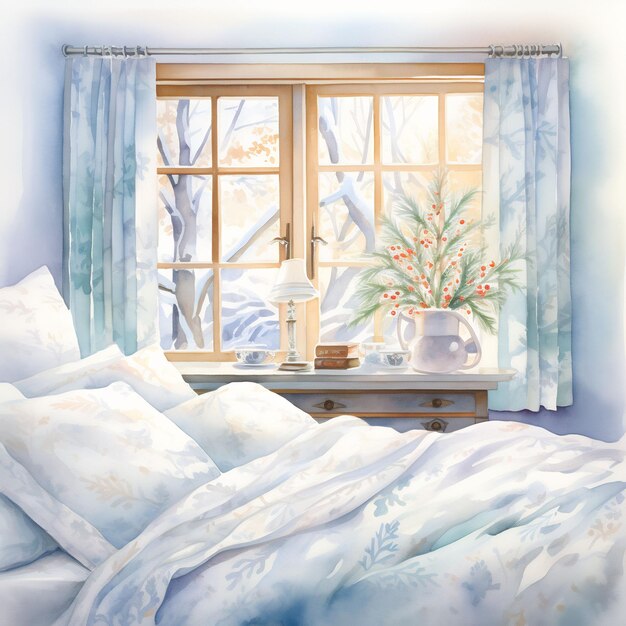 a painting of a bed with a window covered in snow