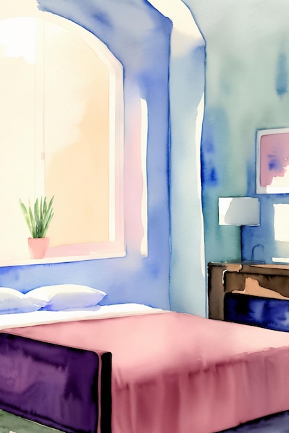 A Painting Of A Bedroom With A Bed And Dresser