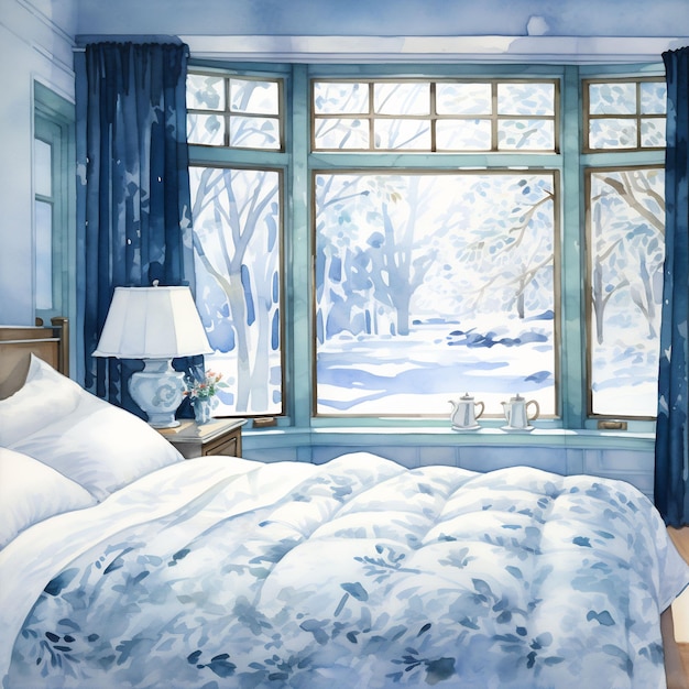 a painting of a bedroom with a bed and a window with a snow covered landscape