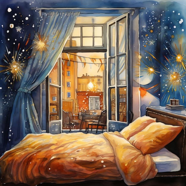 Картина спальни с кроватью и окном со звездами на ней.