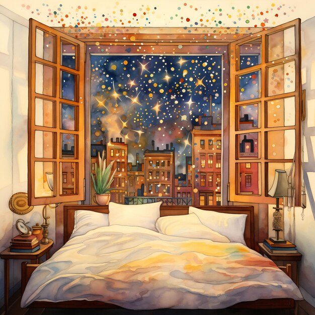 a painting of a bedroom with a window that says " starry night ".