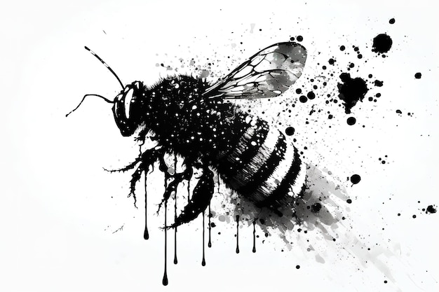 Рисунок пчелы с помощью кисти и черных чернил Insect Illustration Generative AI