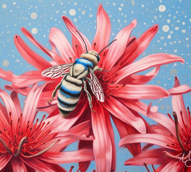 Photo painting of a bee on a flower with a blue background generative ai