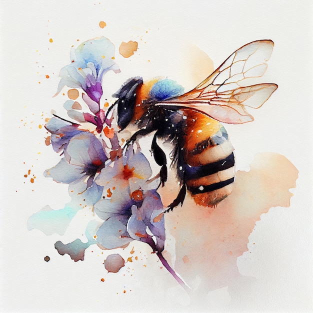 A painting of a bee on a flower with a blue flower.