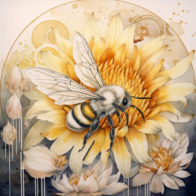 A painting of a bee on a flower with a gold background.