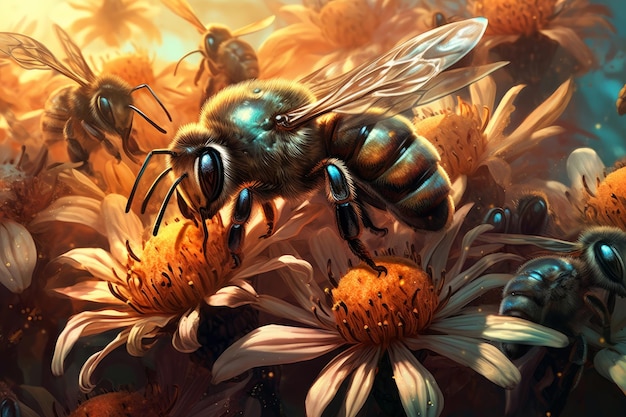 A painting of a bee on a flower