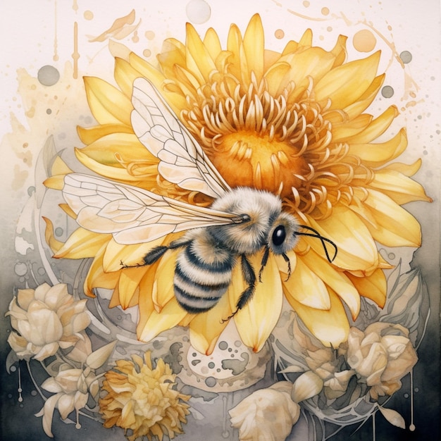 A painting of a bee on a yellow flower