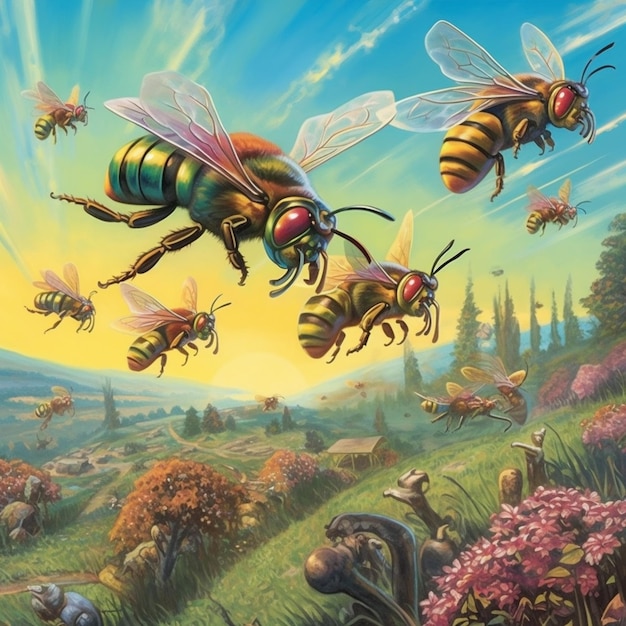 A painting of bees flying over a field with a sky background.