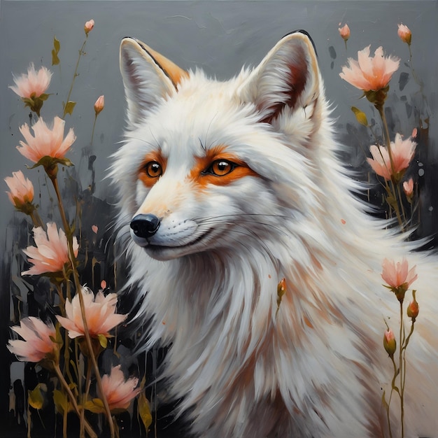 A painting of a beige fox with flowers in the background