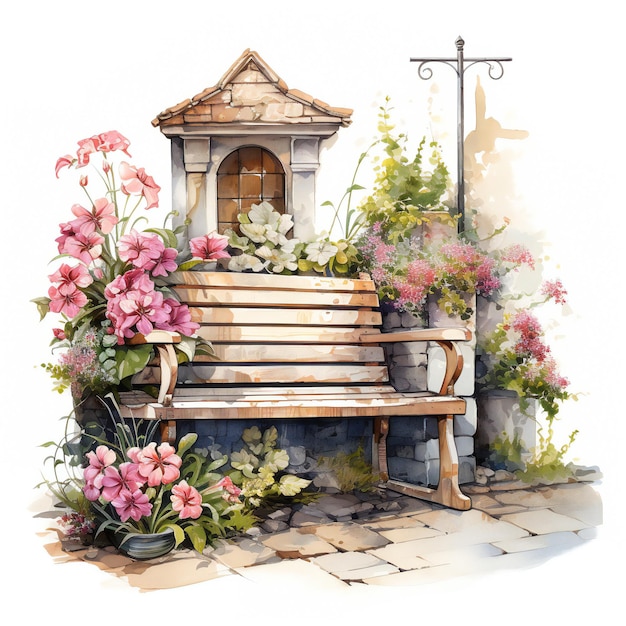 a painting of a bench with flowers and a sign that says " the name of the house ".