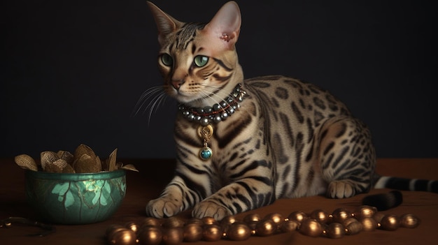 A painting of a bengal cat with a bowl of flowers on the table.