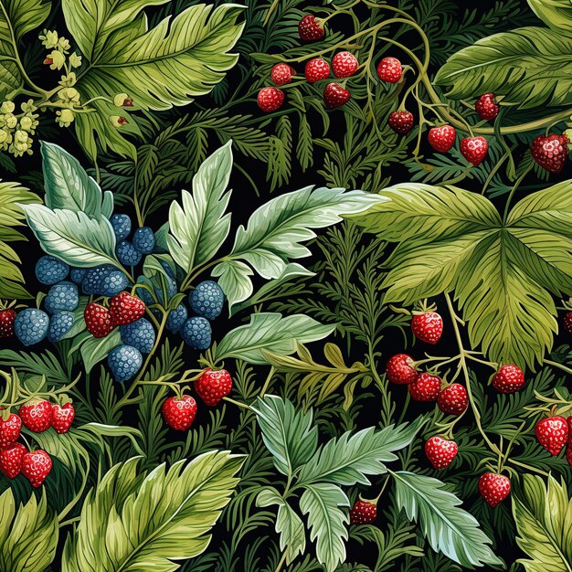 a painting of berries and plants with a background of green leaves