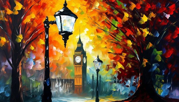 A painting of big ben in the fall