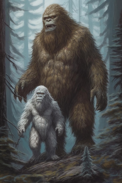 A painting of a bigfoot and a man walking in a forest.
