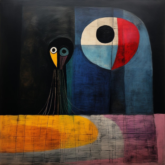 a painting of a bird and a bird with a black eye and a red circle on the bottom.