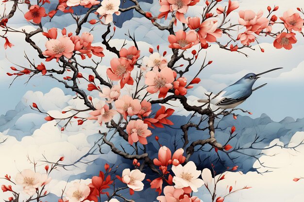 a painting of a bird in bloom.