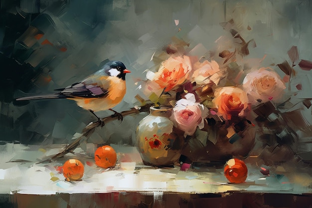 A painting of a bird on a branch with flowers and a vase of roses.