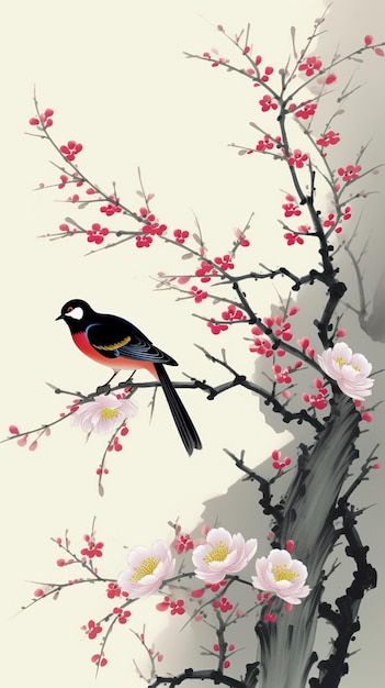 Photo a painting of a bird on a branch with pink flowers.