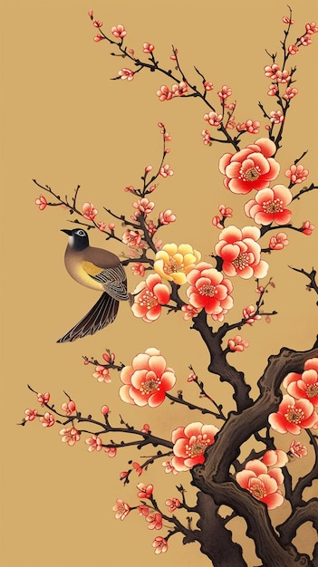 A painting of a bird on a branch with pink flowers.