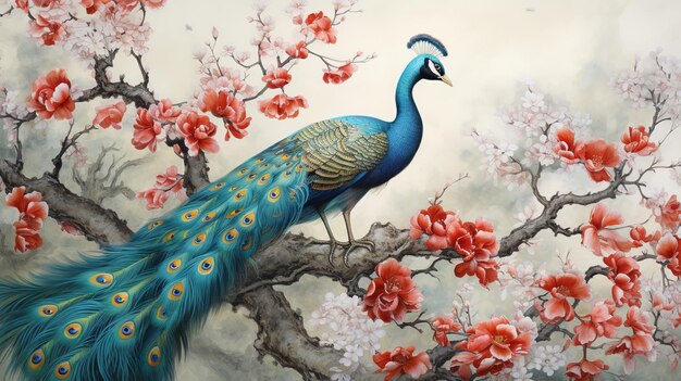 A painting of a bird on a branch with red flowers