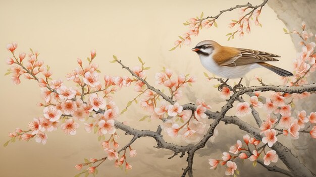 A painting of a bird on a branch with red flowers